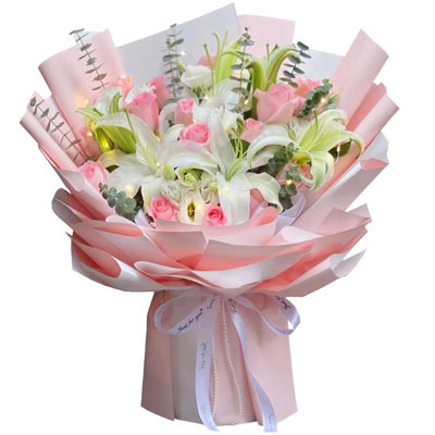 黄冈16朵粉玫瑰百合，感情稳定坚固